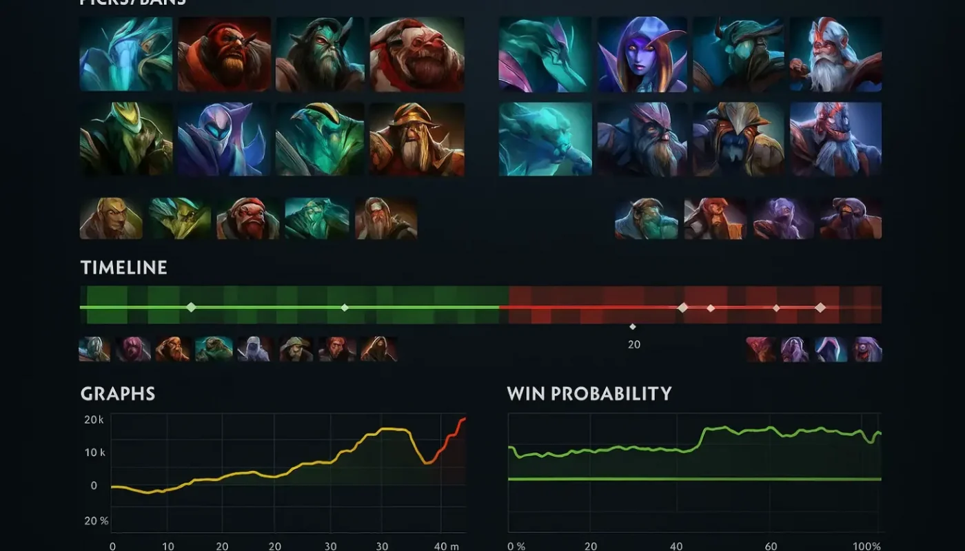 Как читать страницу матча Dota 2 — пики/баны, таймлиния и графики